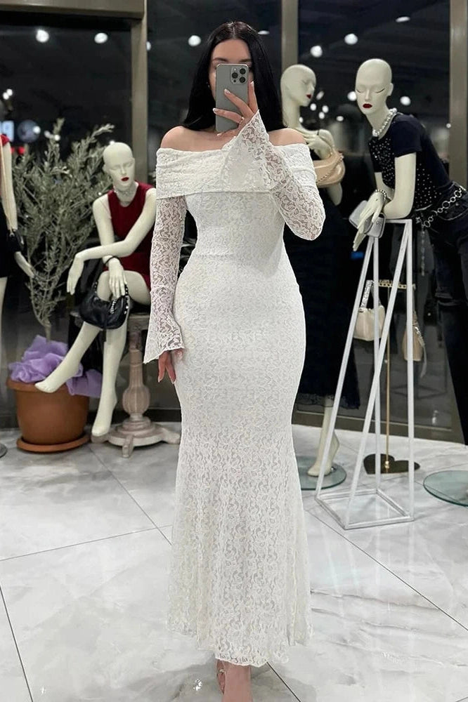 Glorol - Slash Collar Lace Embroidery High Waist Maxi Dress
