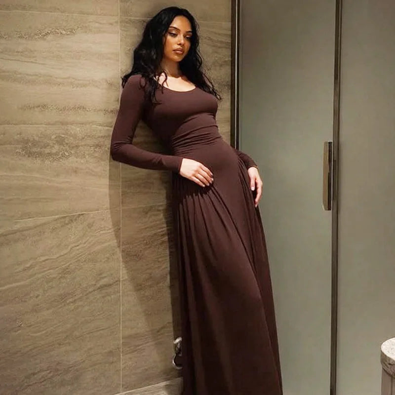 Glorol - Elegant Square Neck Patchwork Long Sleeve Maxi Dress