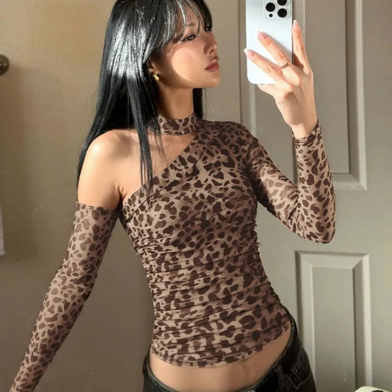 Glorol - Printed One-Shoulder Long-Sleeve Slim Top