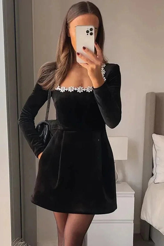 Glorol - Elegant Square Neck Velvet Slim A-Line Long Sleeve Mini Dress