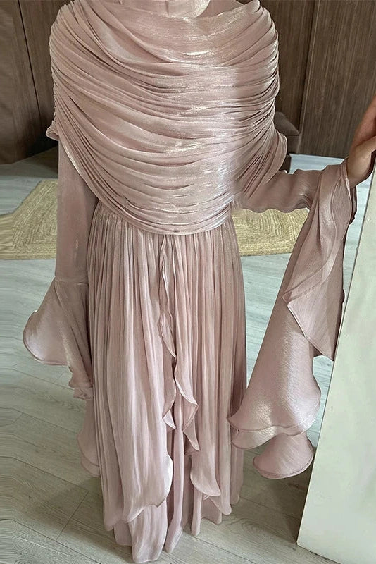 Glorol - Elegant O-Neck High Waist Pleated Irregular Maxi Dress