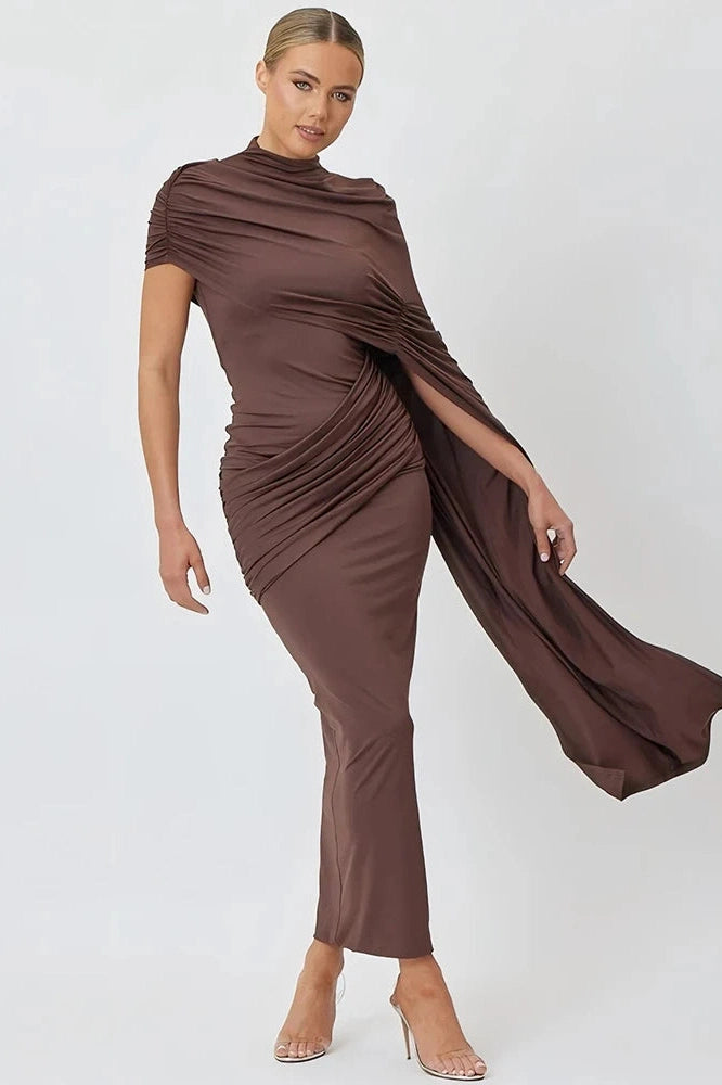 Glorol - Elegant High Collar Short Sleeve High Waist Maxi Dress