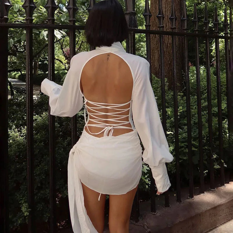 Glorol - Lace Up Backless Tie Ribbon Long Sleeve Mini Dress