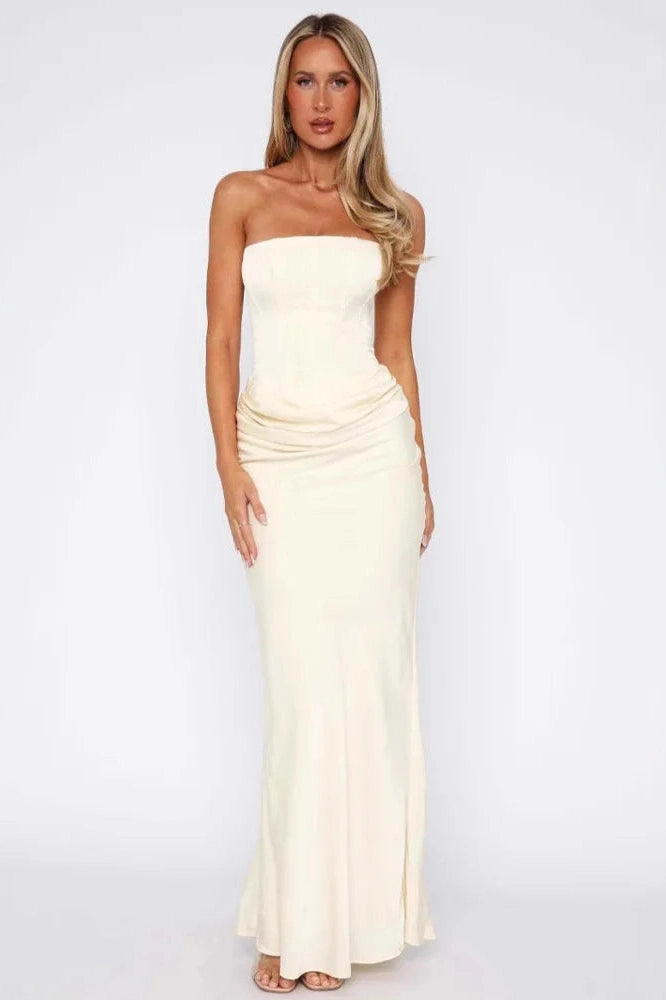 Glorol - Off-Shoulder Strapless Sleeveless Backless Lace-Up Bodycon Maxi Dress