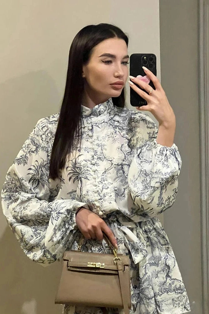 Glorol - Elegant Printed Lace Up Long Sleeve Mini Dress
