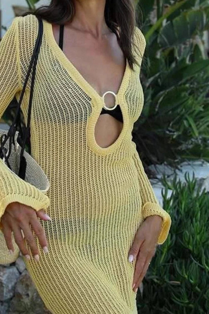 Glorol - Elegant High Waist See-Through V-Neck Mesh Slim Mini Dress