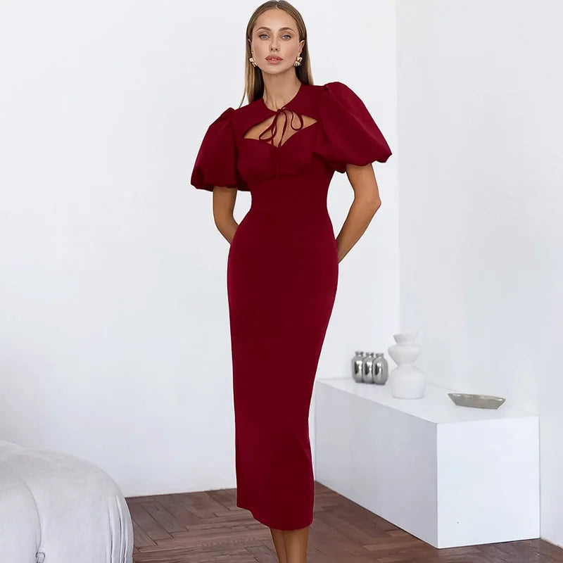 Glorol - Elegant Hollow Out Lace-Up Patchwork Maxi Dress