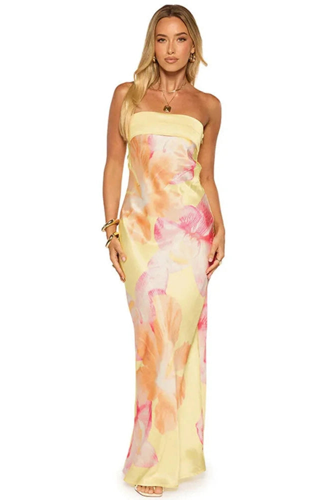 Glorol - Printed Off-Shoulder Strapless Sleeveless Backless Maxi Dress