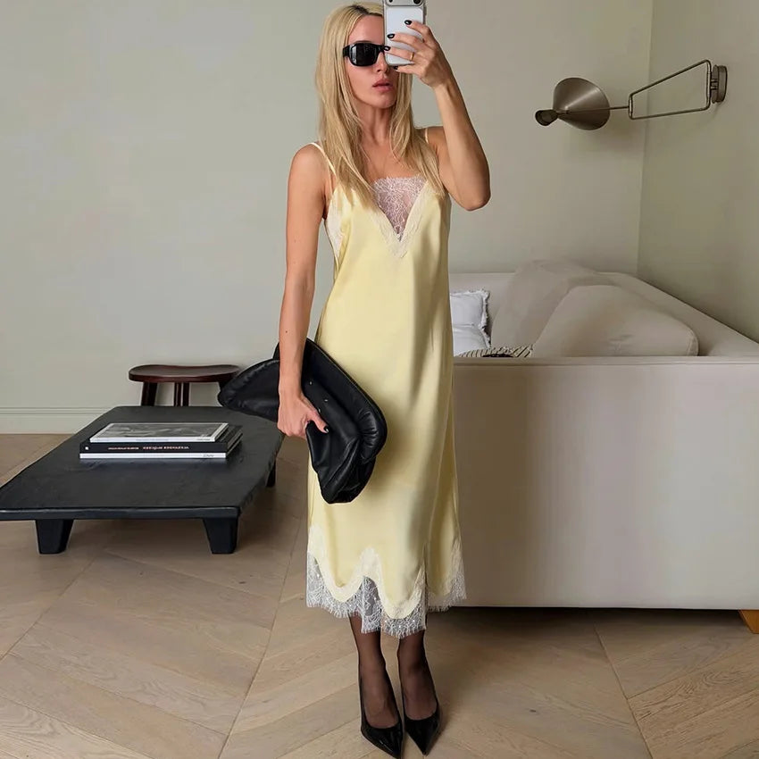Glorol - Lace Sleeveless Deep V-Neck Loose Midi Dress