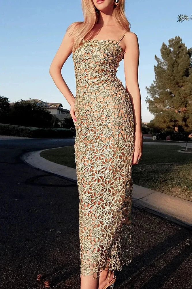 Elegant Lace Hollow Out Sleeveless Maxi Dress