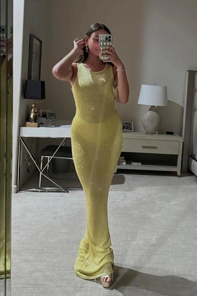 Glorol - Elegant Slim Backless See-Through Patchwork Maxi Dress