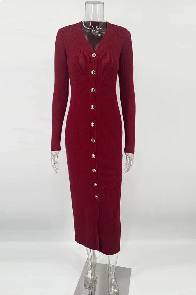 Glorol - Elegant Long Sleeve Knitted Slim Midi Dress