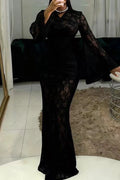 Glorol - Hollow Out Lace Flare Sleeve High Waist Slim Maxi Dress