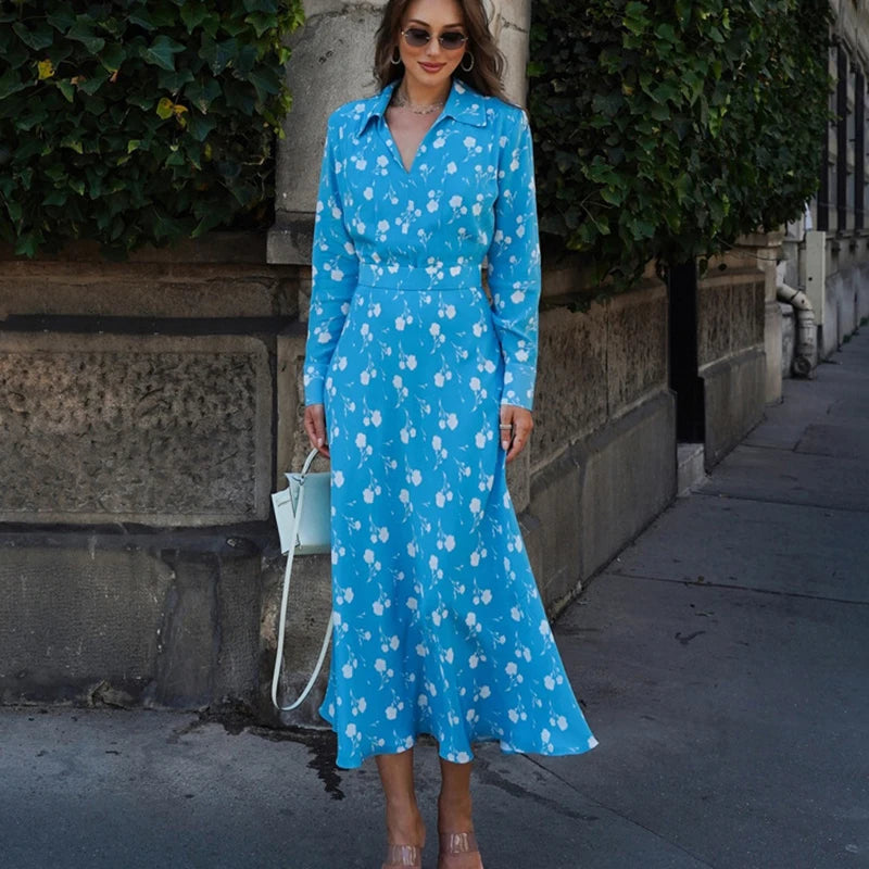 Glorol - Printed V Neck Long Sleeve A-Line Maxi Dress