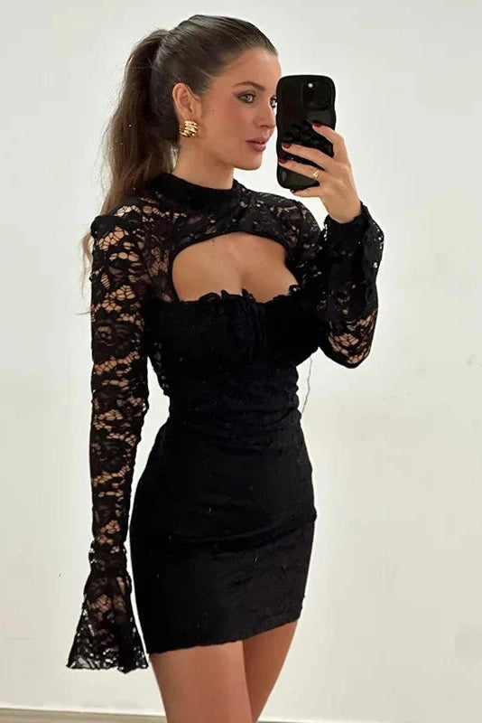 Glorol - Elegant Lace Hollow Out Slim Flare Sleeve Mini Dress