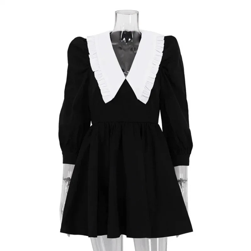 Glorol - Patchwork Long Sleeve Pleated Mini Dress
