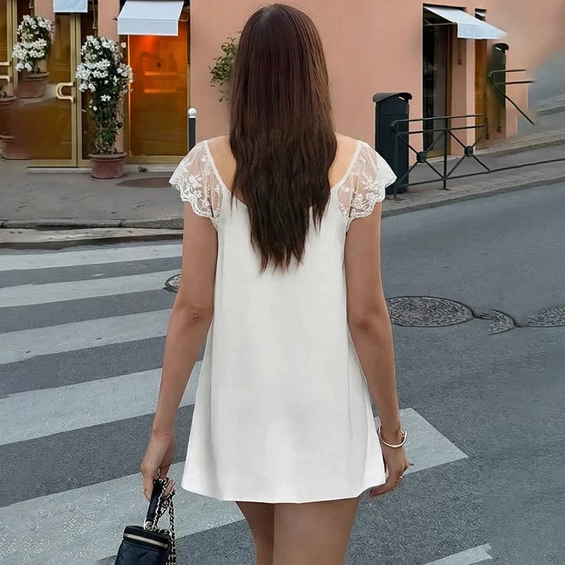 Glorol - Lace Square Collar Short Sleeve Loose Mini Dress