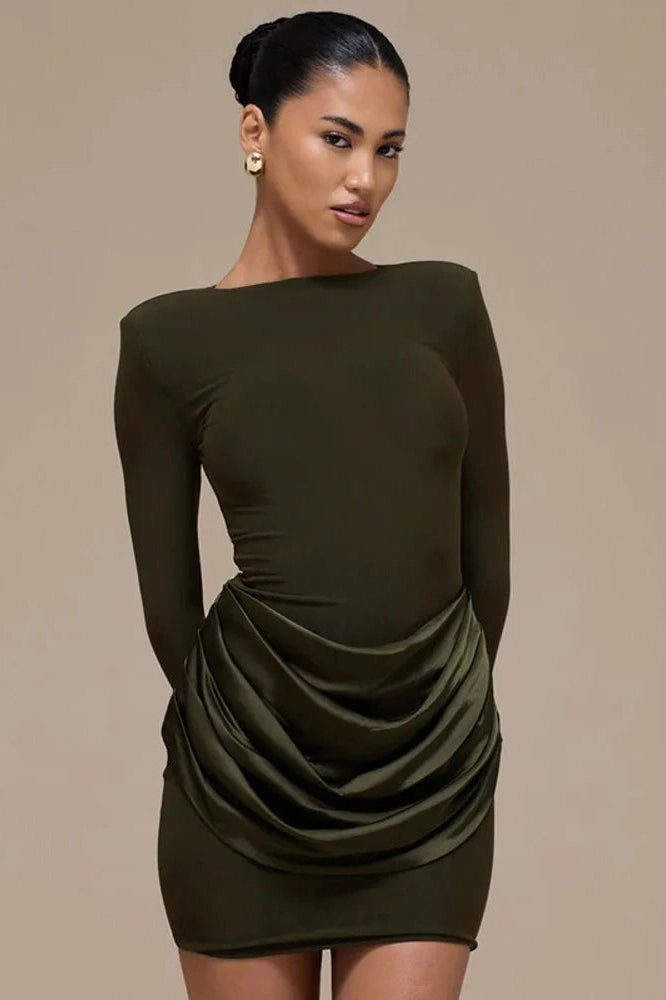 Glorol - Long Sleeve Patchwork O Neck High Waist Mini Dress