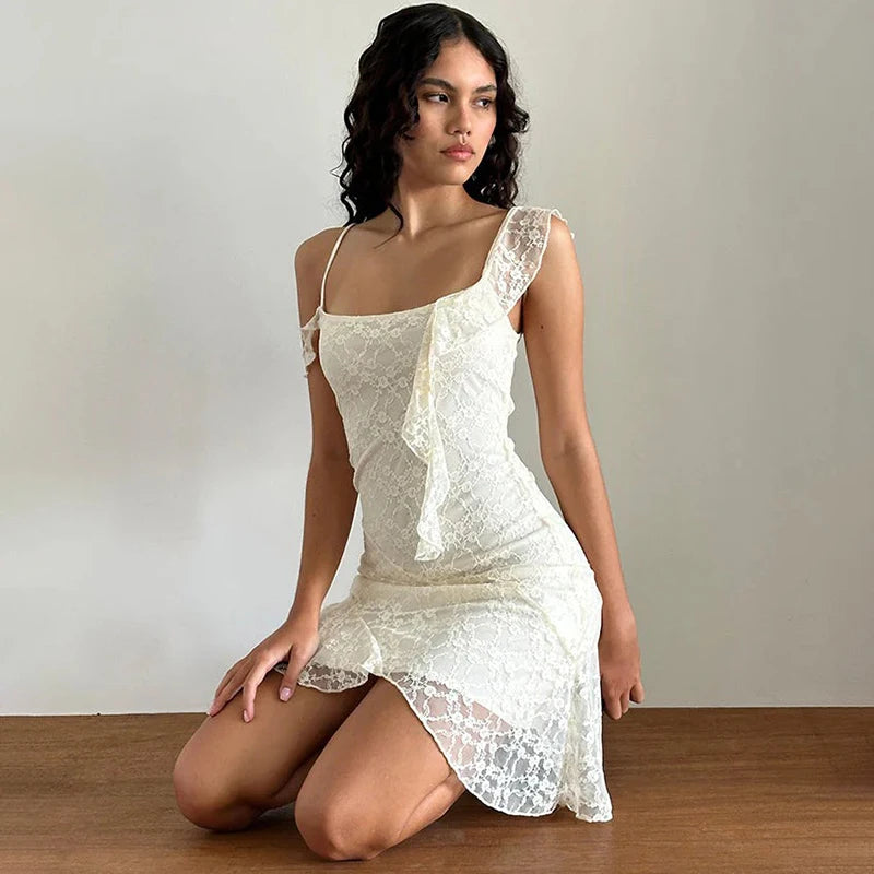 Glorol - Lace Sleeveless Bodycon Irregular Mini Dress