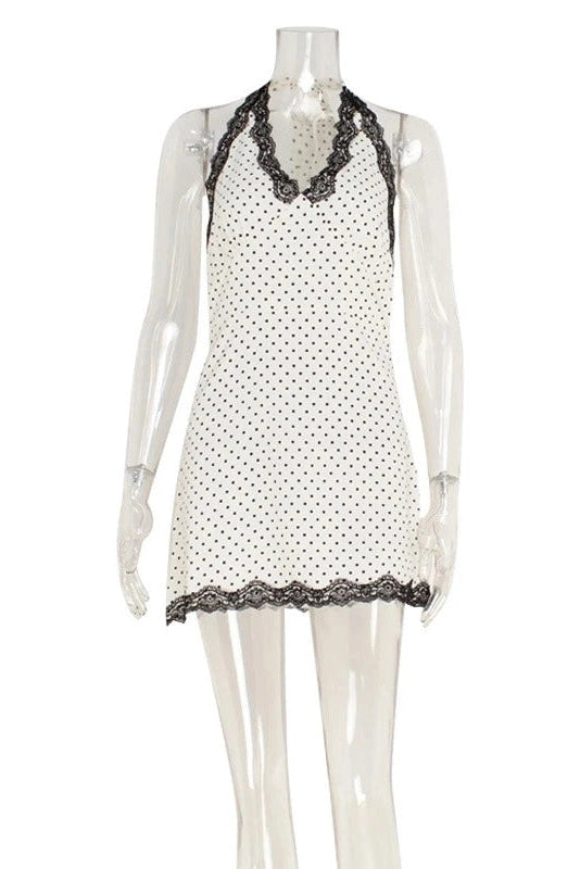 Glorol - Polka Dot V-Neck Lace Slim Backless Mini Dress