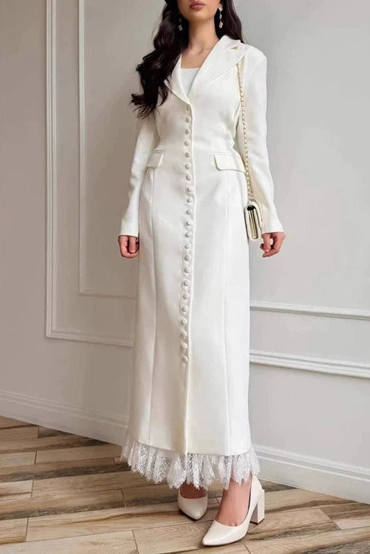 Glorol - Long Sleeve Single Breasted V-Neck Lace Maxi Dress
