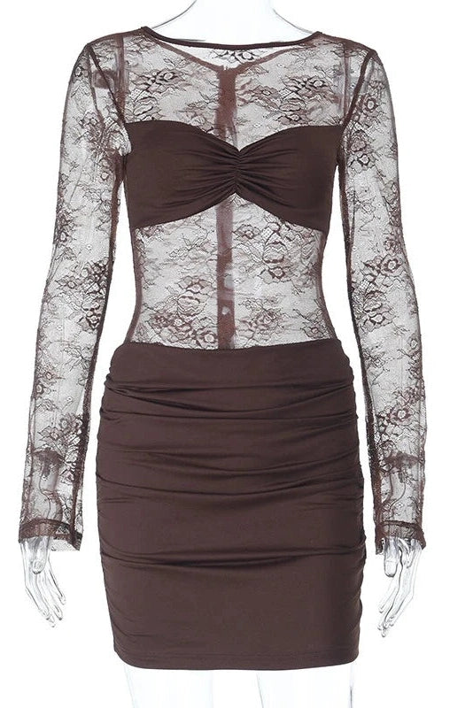Glorol - Lace Hollow-Out Slim Backless Pleated Mini Dress