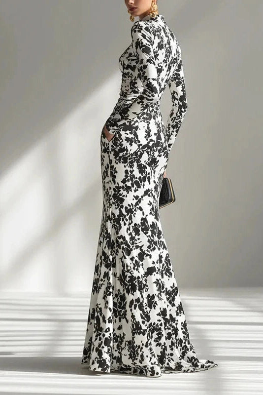 Glorol - Long Sleeve Slim Pleated High Waist Printed Maxi Dress
