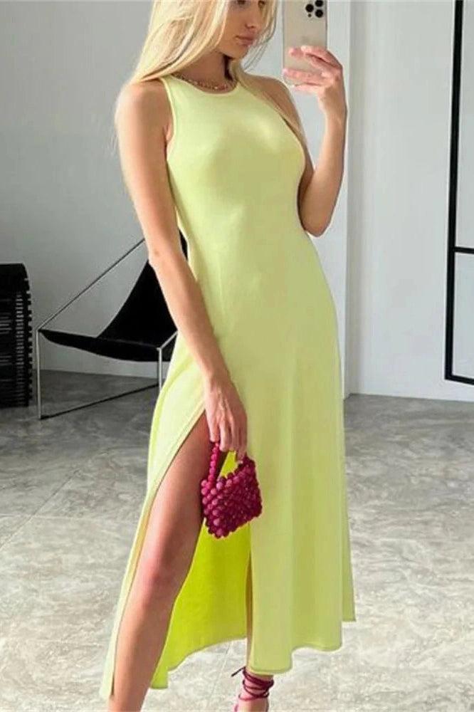 Glorol - Sleeveless Slim Bodycon High Split Midi Dress