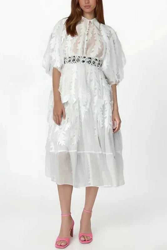 Glorol - Elegant Loose Puff Sleeve High Waist Midi Dress