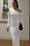 Glorol - Inclined Shoulder Long Sleeve Backless Bodycon Maxi Dress
