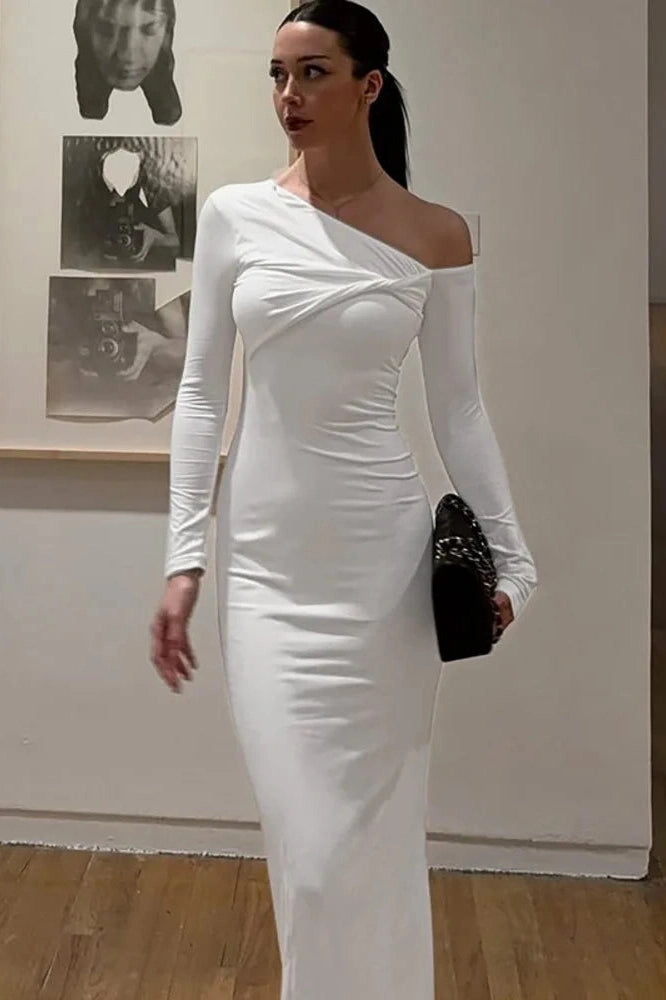 Glorol - Inclined Shoulder Long Sleeve Backless Bodycon Maxi Dress