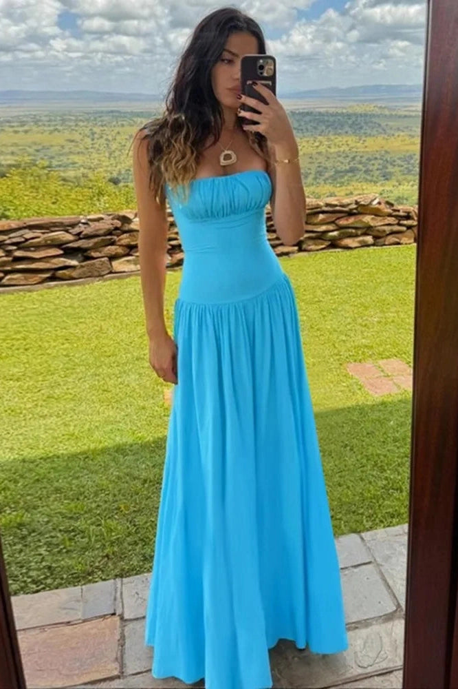 Glorol - Spaghetti Strap Backless Sleeveless High Waist Pleated Maxi Dress