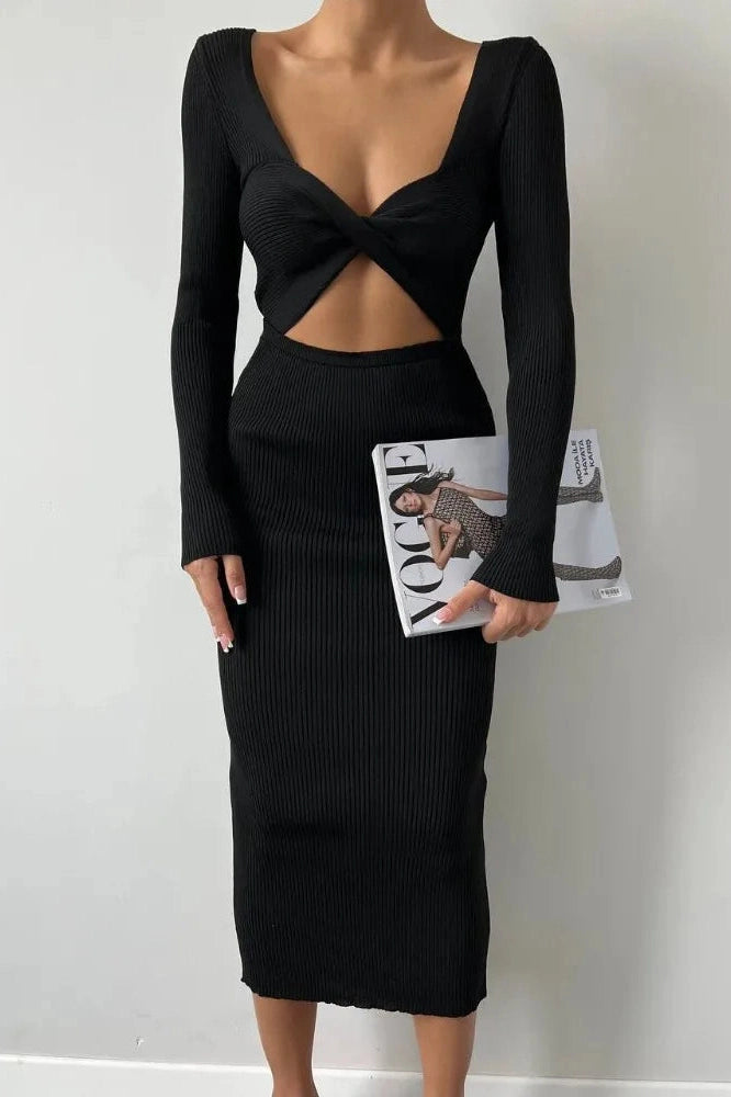 Glorol - Hollow Out Long Sleeve Patchwork Slim Midi Dress