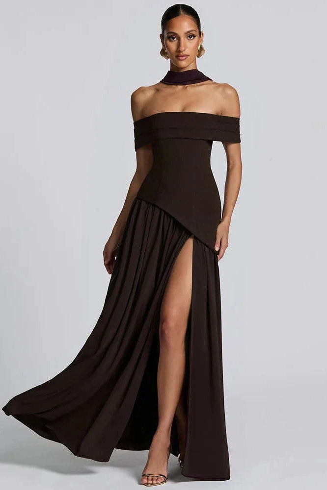 Glorol - Off-Shoulder Backless Strapless Sleeveless Pleated High Split Maxi Dress