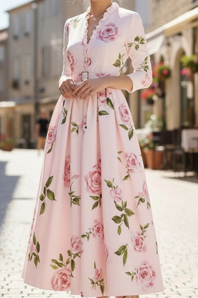 Glorol - Elegant High Waist A-Line V-Neck Printed Long Sleeve Pleated Midi Dress