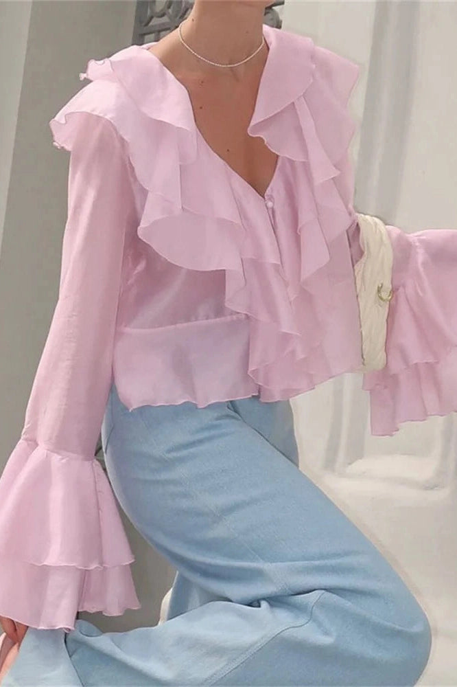 Glorol - Patchwork V-Neck Long Sleeve Loose Top