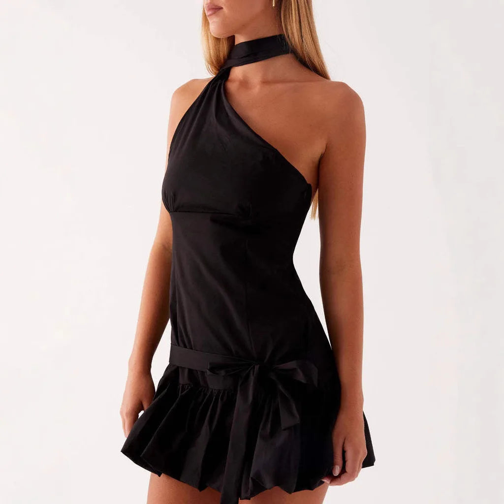 Glorol - One Shoulder Backless Lace-Up Slim Mini Dress