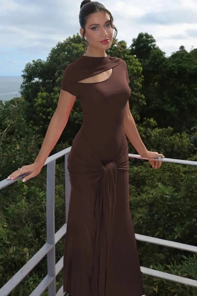 Glorol - Hollow Out Short Sleeve Turtleneck Bodycon Maxi Dress