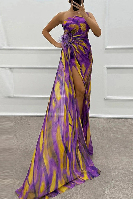 Glorol - Sleeveless Backless High Split Printed One Shoulder Maxi Dress
