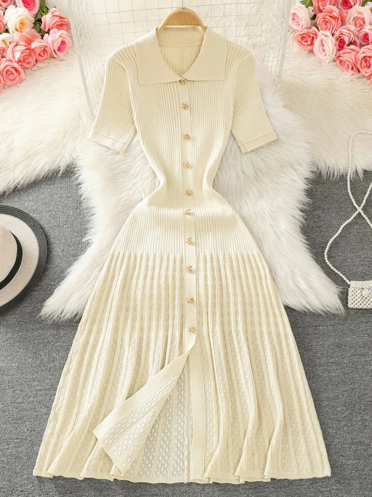 Glorol - Knitted Short Sleeve Slim High Waist Midi Dress