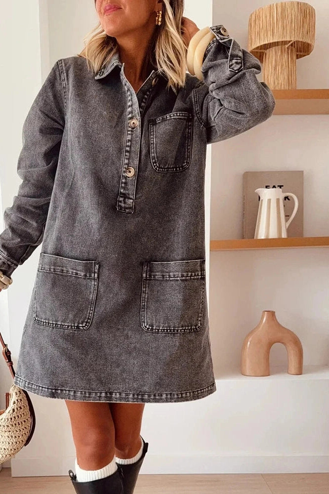 Glorol - Elegant Long Sleeve Pocket High Waist Loose Printed Mini Dress