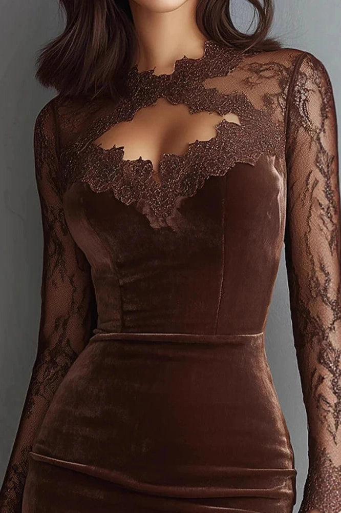 Glorol - Lace Hollow Out See-Through Sleeve Slim High Waist Midi Dress