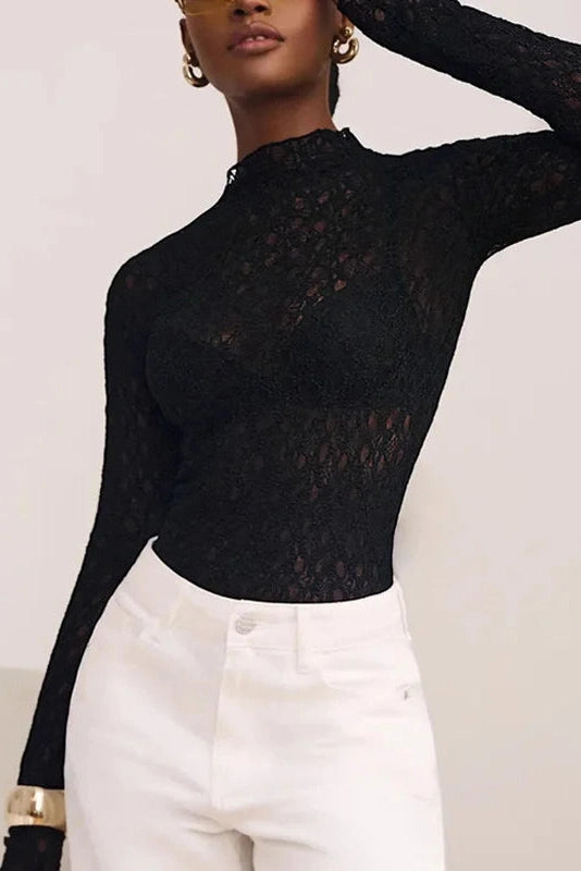 Glorol - See-Through Long Sleeve Patchwork Top