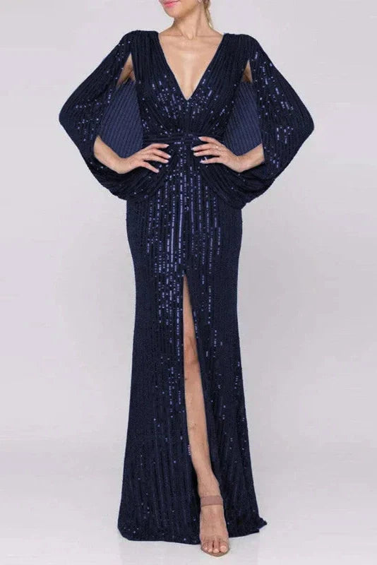 V-Neck High Waist Sleeves Pleat Maxi Dress