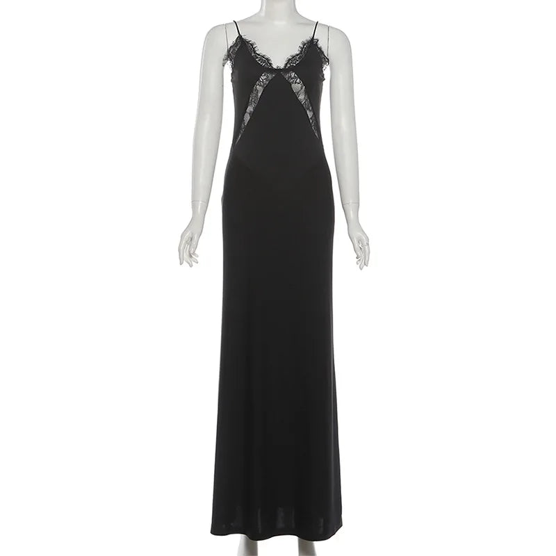 Glorol - Elegant Backless Hollow Out See Through Patchwork Maxi Dress