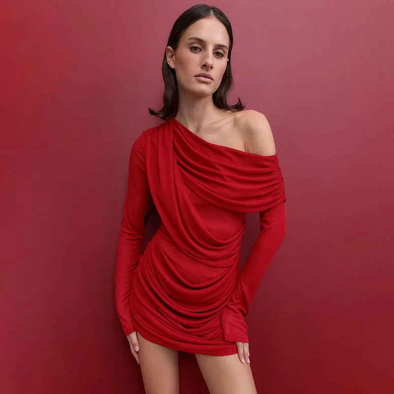 Glorol - Slash Neck See Through Off Shoulder Long Sleeve Mini Dress