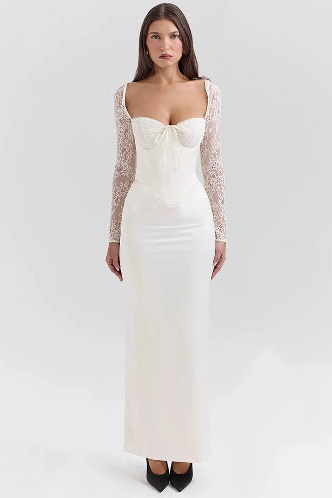Glorol - Lace Long Sleeve Square Collar Backless Maxi Dress