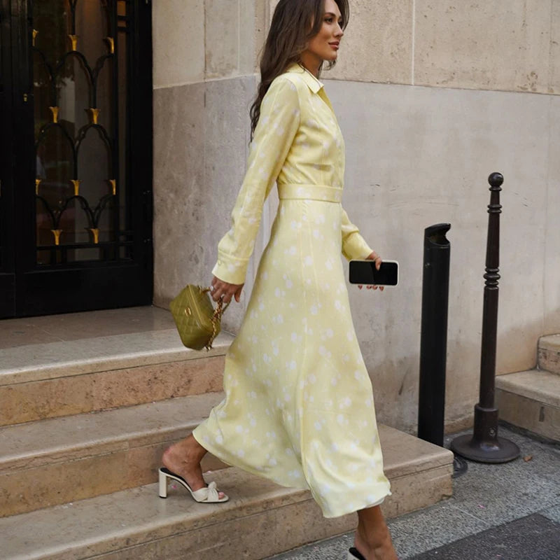 Glorol - Printed V Neck Long Sleeve A-Line Maxi Dress