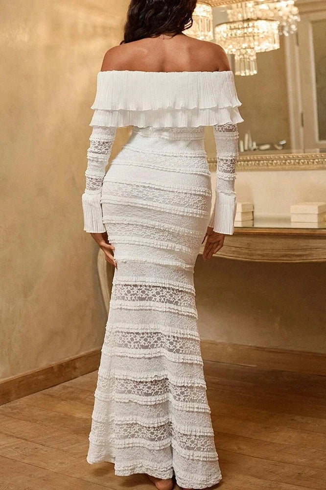 Glorol - Lace Hollow Out High Waist Slim Off-Shoulder Pleated Maxi Dress
