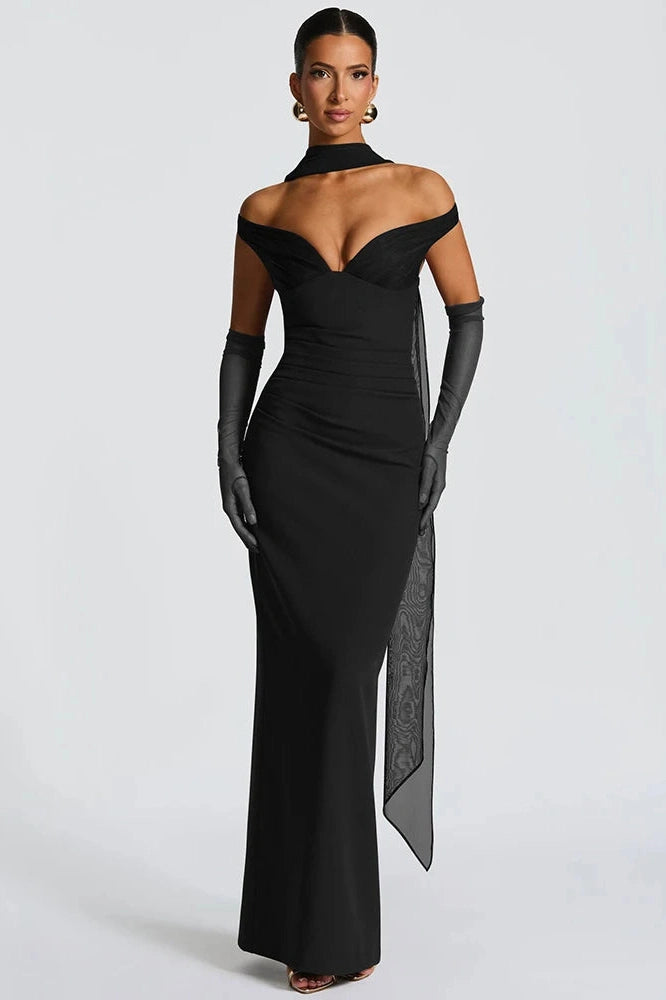 Glorol - Scarf Collar Off-Shoulder Strapless Backless Maxi Dress